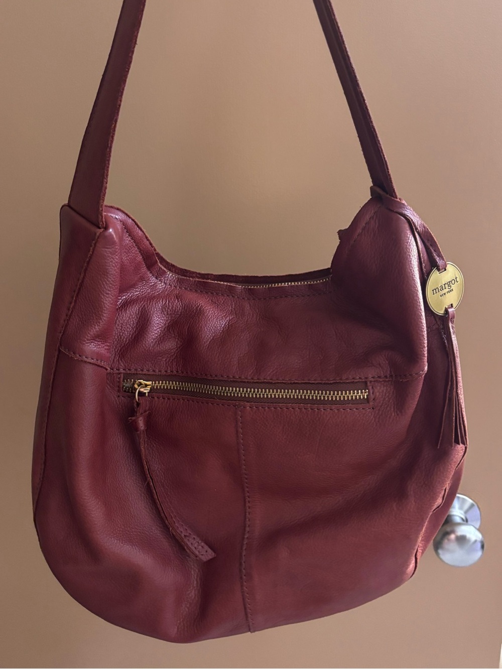 margot leather hobo shoulder bag in warm brown